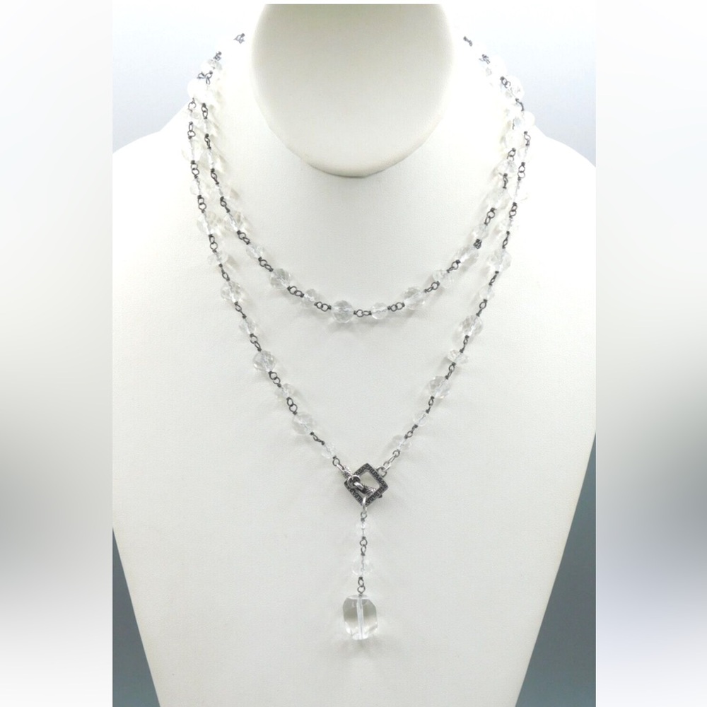 Silpada Signed Sterling Silver Clear Glass Faceted Beaded Lariat Necklace LS
